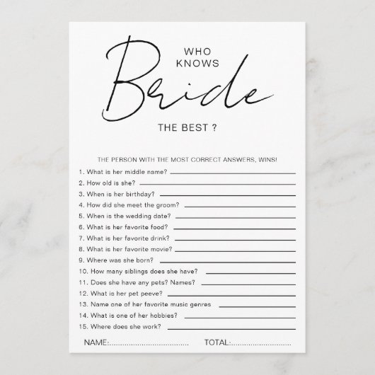 Who knows The Bride Best Bridal Shower Party Games 招待状 (正面)