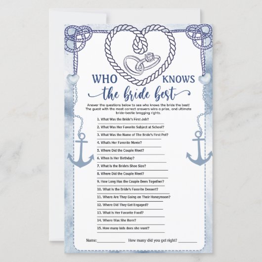 Who Knows the Bride Best Game Nautical Wedding (正面)