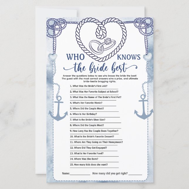 Who Knows the Bride Best Game Nautical Wedding (正面)