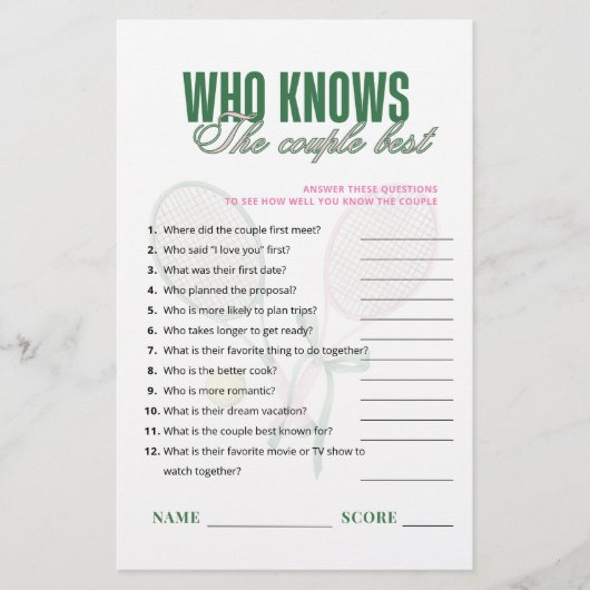 Who Knows the Couple Best Tennis BridalShower Game (正面)