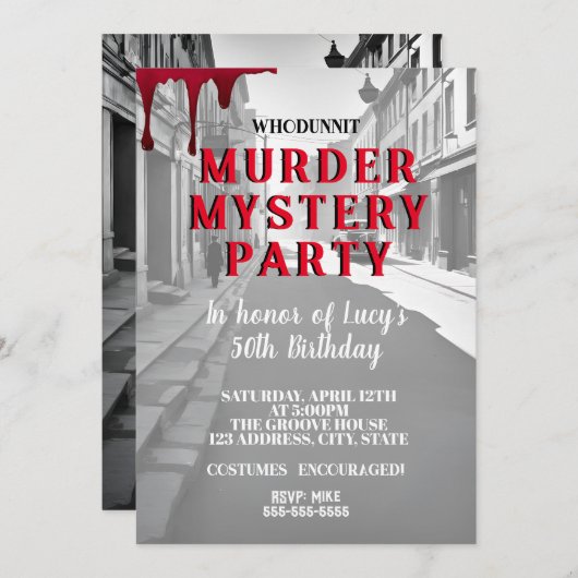 whodunit murder mystery 1940's style dinner party 招待状 (正面/裏面)