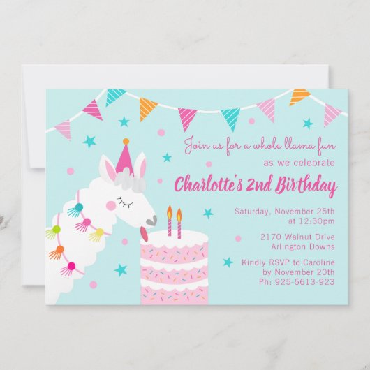 Whole Llama Fun Cake 2歳の誕生日アクア 招待状 (正面)