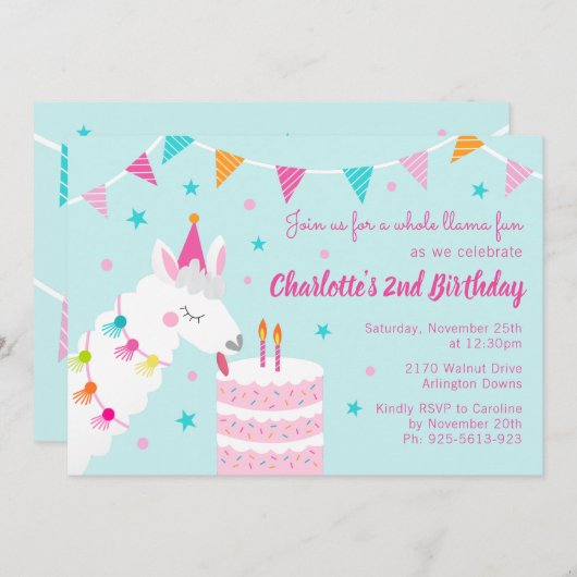 Whole Llama Fun Cake 2歳の誕生日アクア 招待状 (正面/裏面)