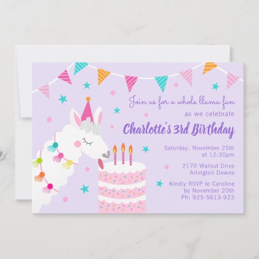 Whole Llama Fun Cake 3歳の誕生日 パープル 招待状 (正面)