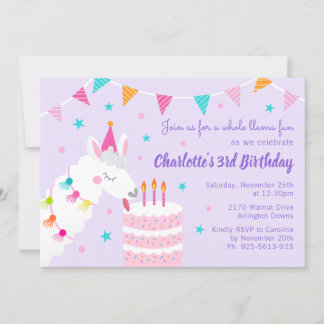 Whole Llama Fun Cake 3歳の誕生日 パープル 招待状