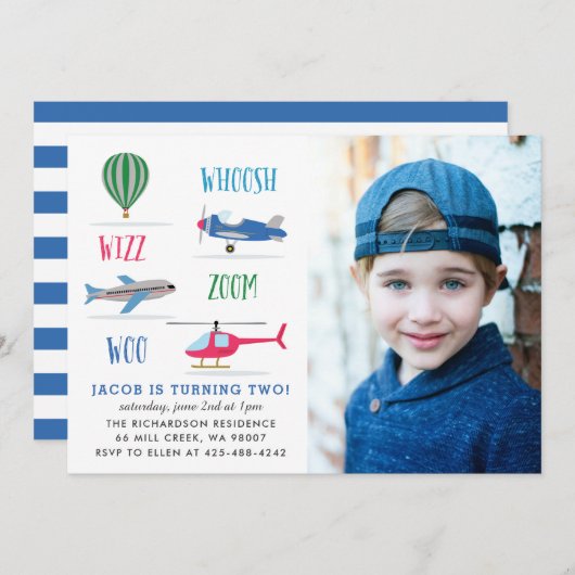 Whoosh Vroom woo Air誕生日パーティーの写真 招待状 (正面/裏面)