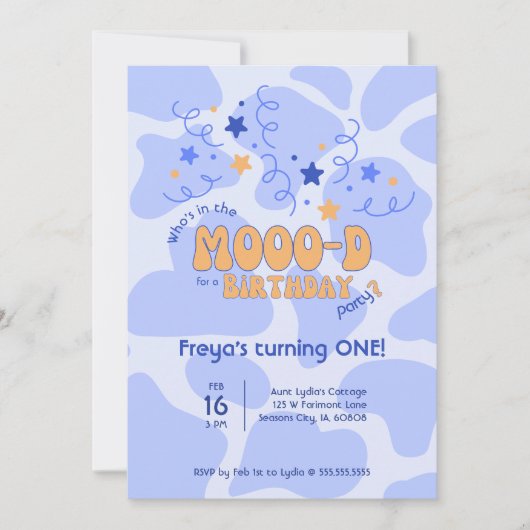 Who's in the MOOO-D Cow Print 1st Birthday 招待状 (正面)