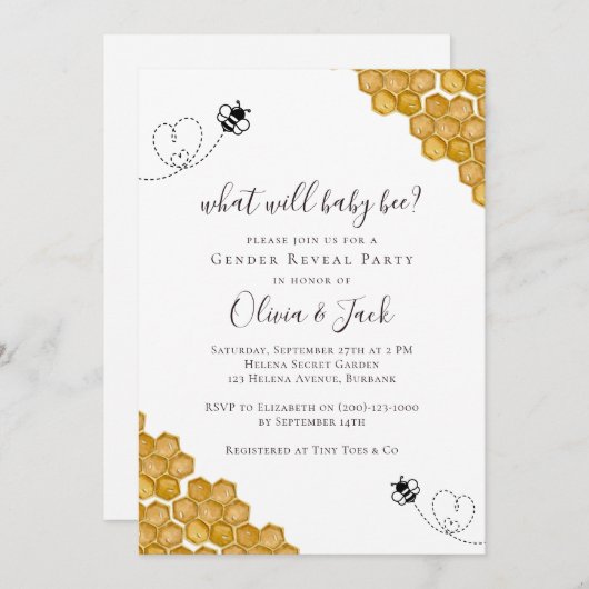 Why Bee Genderがベビーを明らかにするパーティの招待状 招待状 (正面/裏面)