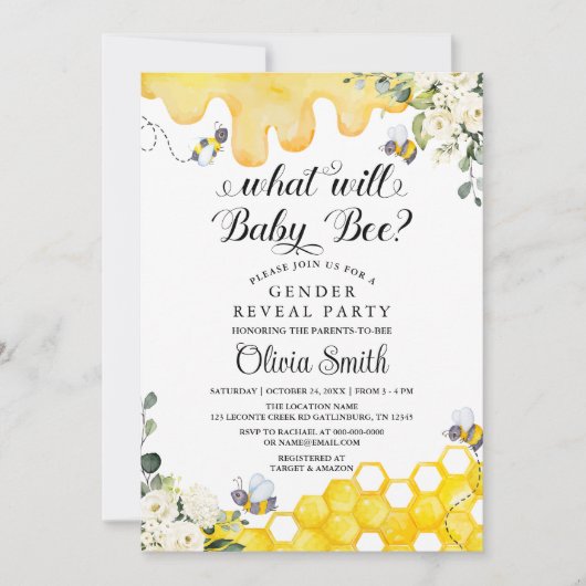 Why Bee Genderがベビーを明らかにするパーティの招待状 招待状 (正面)