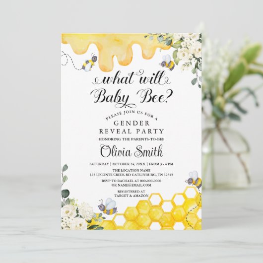 Why Bee Genderがベビーを明らかにするパーティの招待状 招待状 (スタンド正面)