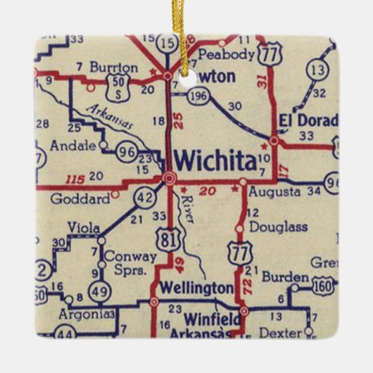Wichita KSヴィンテージの地図 セラミックオーナメント (正面)
