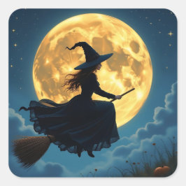 Wicked Halloween | Witch on Broom with Full Moon スクエアシール