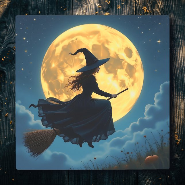 Wicked Halloween | Witch on Broom with Full Moon メタルプリント (クリエイターアップロード済み)
