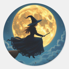 Wicked Halloween | Witch on Broom with Full Moon ラウンドシール