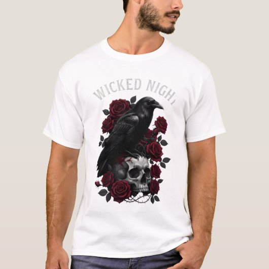 Wicked Night Raven & Skull Gothic Halloween T-Shir Tシャツ (正面)
