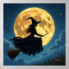 Wicked Witch on a Broom at Full Moon ポスター