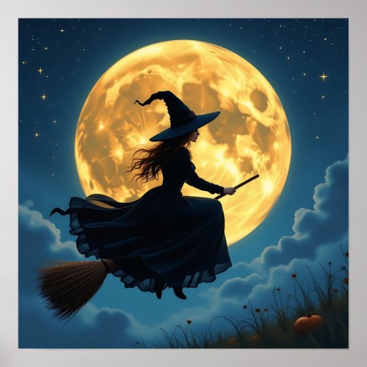 Wicked Witch on a Broom at Full Moon ポスター (正面)
