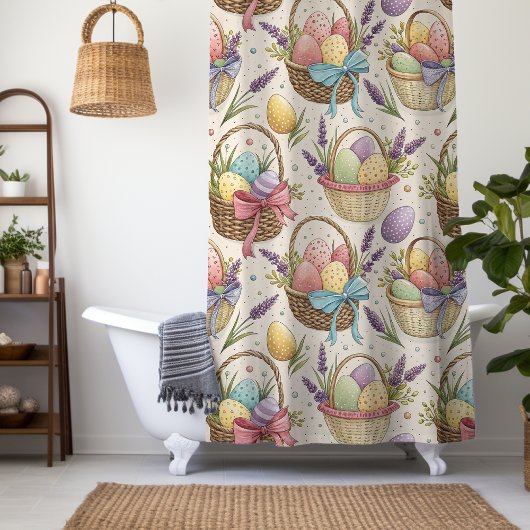 Wicker Basket Easter Eggs with Lavender シャワーカーテン