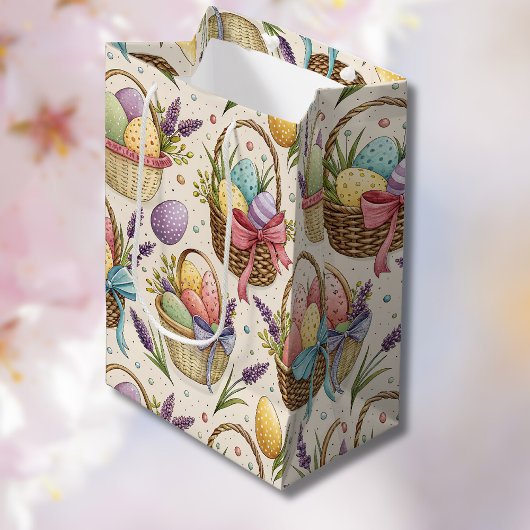 Wicker Basket Easter Eggs with Lavender ミディアムペーパーバッグ
