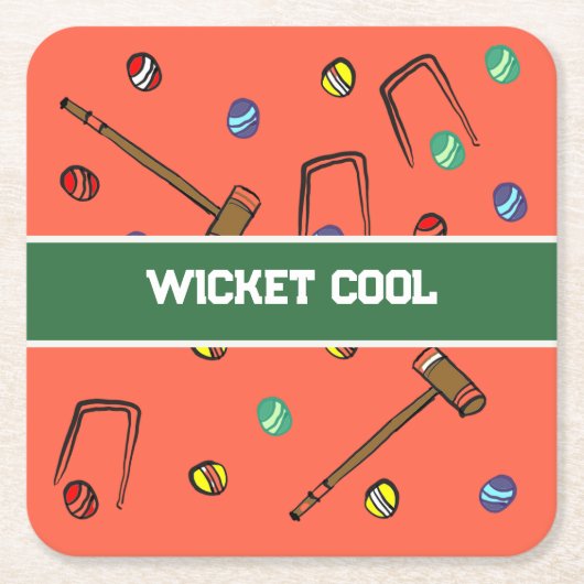 Wicket Cool Funny Hand-Illustrated Orange Croquet  スクエアペーパーコースター (正面)