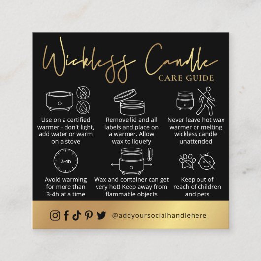 Wickless Candle Black & Gold Script Logo Care Card スクエア名刺 (正面)
