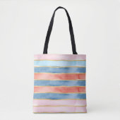 Wide Watercolor Stripes of  Blue Pink Coral トートバッグ (正面)