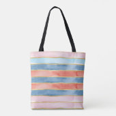 Wide Watercolor Stripes of  Blue Pink Coral トートバッグ (裏面)