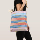 Wide Watercolor Stripes of Blue Pink Coral トートバッグ<br><div class="desc">Wide watercolor stripes in shades of blue, pink, and coral with faux gold stripes between them decorate this reusable tote bag. Great for hauling your summer time gear or for grocery shopping all year. AI generated by IveyCottage.</div>