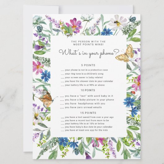 Widlfloralフローラベビーシャワー電話ゲームカード (正面)