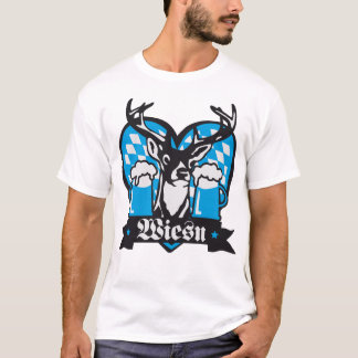 Wiesn Hirsch auf der Pirsch Herz Rauten blau weiss Tシャツ