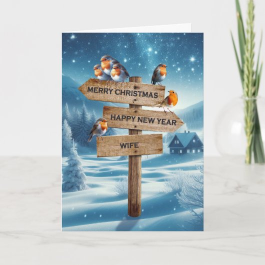 Wife Christmas Robins on a Signpost シーズンカード (正面)
