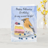 Wife Happy February Birthday Cedar Waxwing Cake カード (黄色い花)
