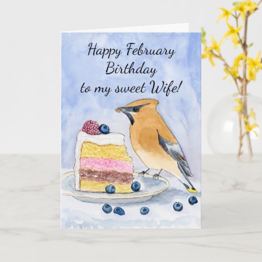 Wife Happy February Birthday Cedar Waxwing Cake カード (黄色い花)