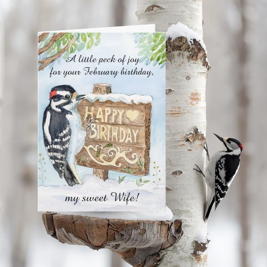 Wife Happy February Birthday Downy Woodpecker カード