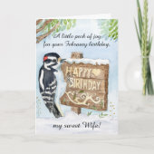 Wife Happy February Birthday Downy Woodpecker カード (正面)