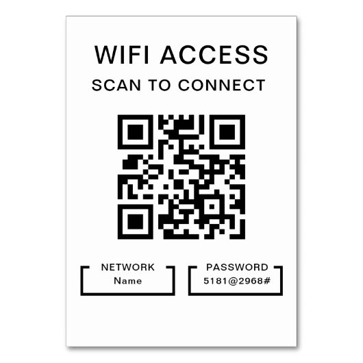 WifiパスワードとネットワークパーソナライズされたQRコードカード テーブルナンバー (正面)