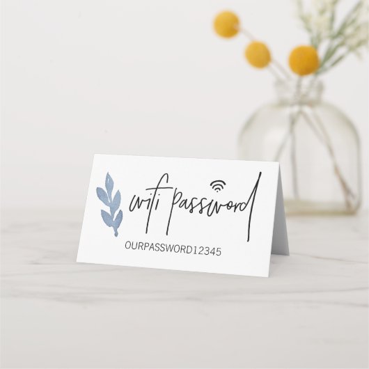 Wifiパスワード青の水彩の葉の記号 プレイスカード (正面)