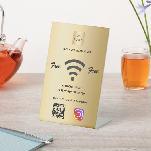 Wifiビジネスロゴqrコードインストール金ゴールド 台座サイン (インサイチュ)