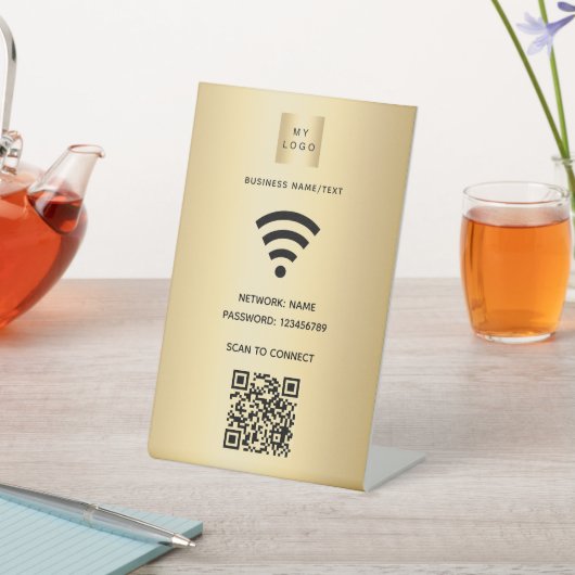 Wifiビジネスロゴqrコードスキャンによる接続金ゴールド 台座サイン (インサイチュ)