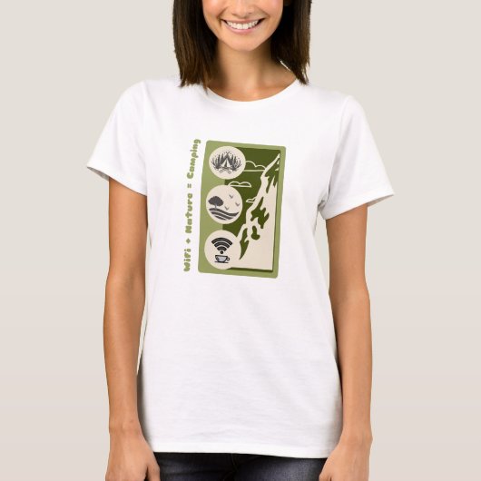 WiFi + 自然 = キャンピングアドベンチャー キャンプ Tシャツ (正面)