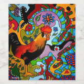 Wijnfles met kleurrijk etiket van een haan. ワインラベル (シングルラベル)