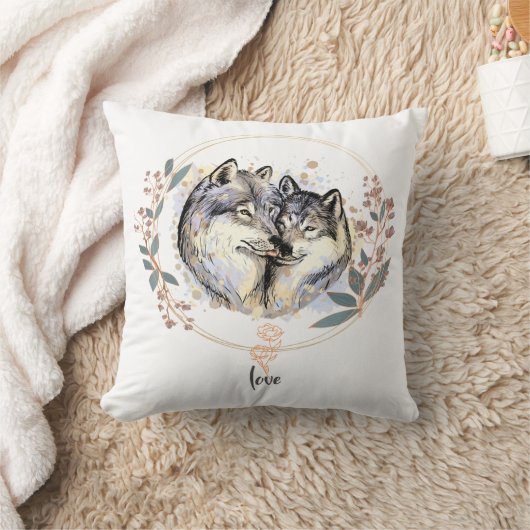 Wild Affection – Wolves in Love Illustration クッション (ブランケット)