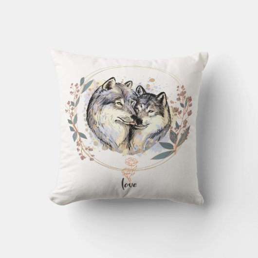 Wild Affection – Wolves in Love Illustration クッション (正面)
