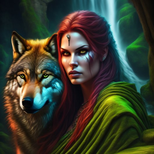 Wild Amazonian Woman and her Wolf  薄葉紙