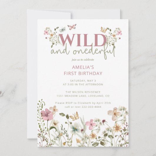 Wild and Onederful Wildflower 1st Birthday 招待状 (正面)