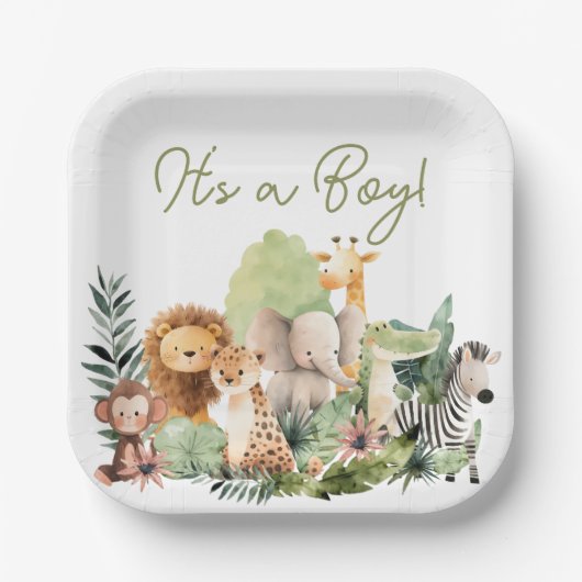 Wild Animal Baby Shower Square Paper Plate ペーパープレート (正面)