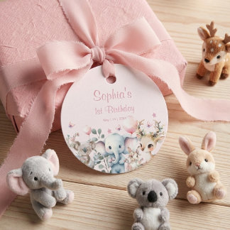 Wild Animals Cute Pink Watercolor Girl Birthday  フェイバータグ