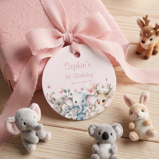 Wild Animals Cute Pink Watercolor Girl Birthday  フェイバータグ