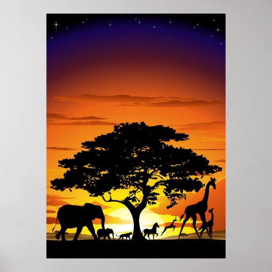 Wild Animals on Savannah Sunset Poster ポスター (正面)
