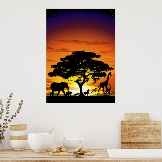 Wild Animals on Savannah Sunset Poster ポスター (キッチン)